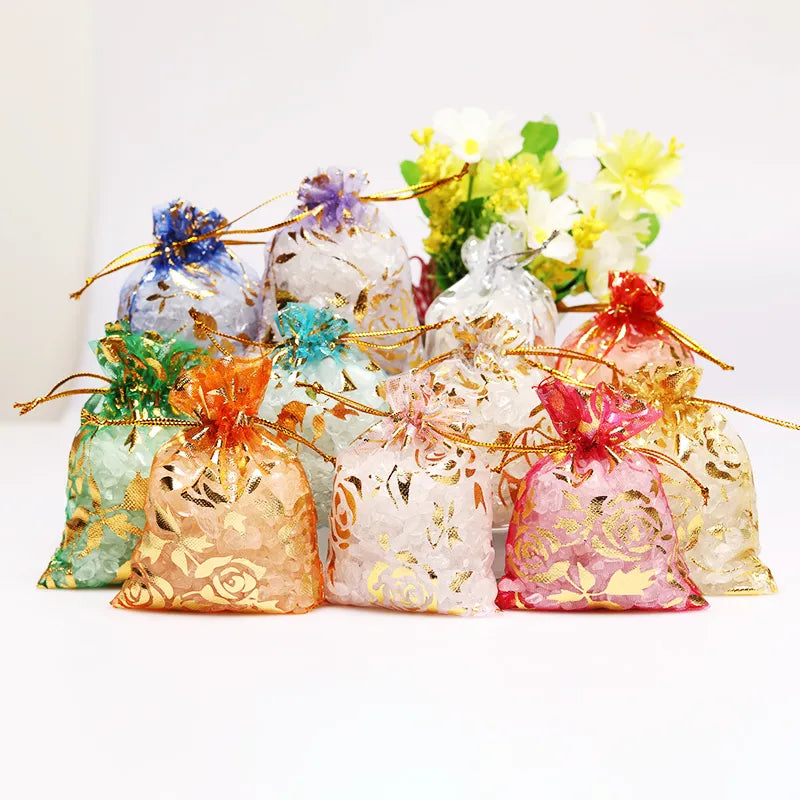 50pcs Rose Design Organza Gift Bags