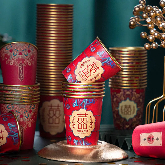 50pcs Gold Foil Red Wedding Paper Cups