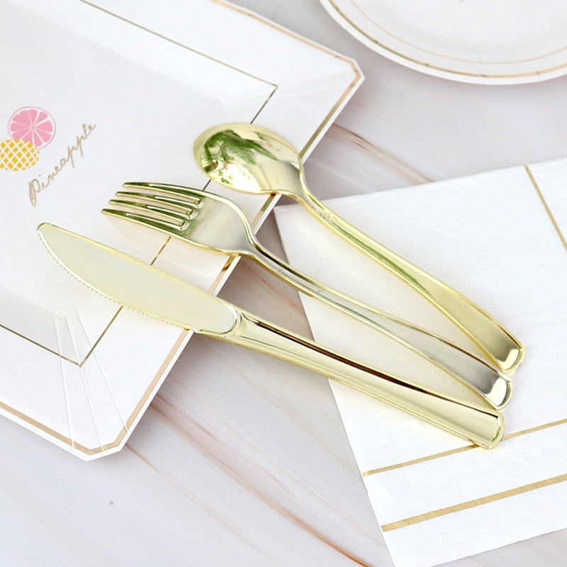 50-Pc Golden Rose Gold Plastic Cutlery Set